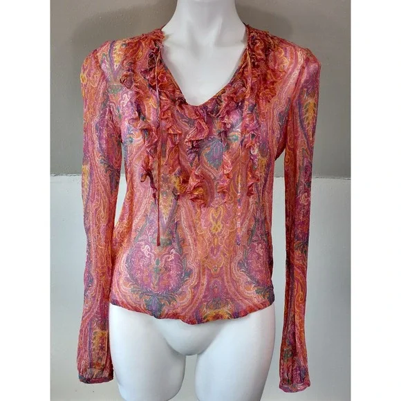 Lauren Ralph Lauren Silk Paisley Ruffle V Neck Tie Blouse Top S / P - Picture 3 of 12